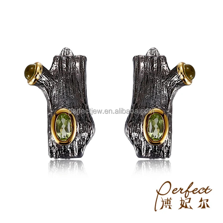 Tree Branch Natural Design 925 Sterling Silver Earrings with Peridot Stone