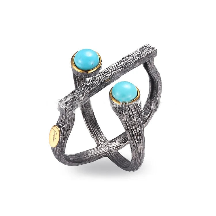 Fancy Design Turquoise 925 Sterling Silver Ring with Gold Plated