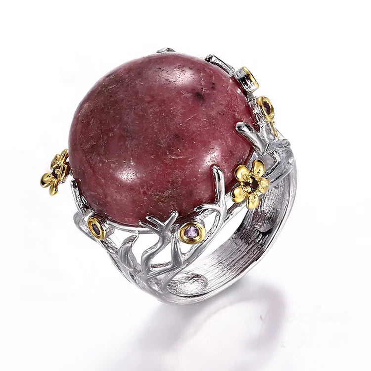 Big Rhodochrosite Stone 925 Sterling Silver Jewelry Ring With White Gold Plated