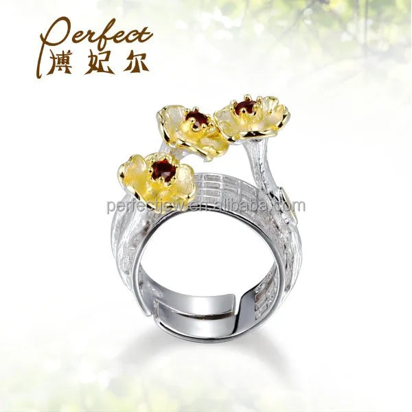 Adjustable Women Jewelry Flower 925 Sterling Silver Ring with 14K Gold Plated