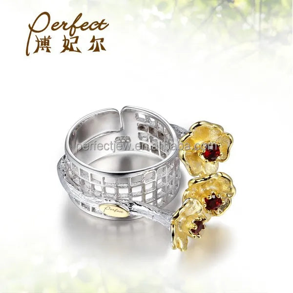 Adjustable Women Jewelry Flower 925 Sterling Silver Ring with 14K Gold Plated