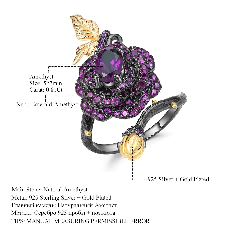 Abiding 925 Sterling Silver Jewellery Natural Amethyst Rose Flower Earrings Ring Jewelry Sets for Women Bijoux