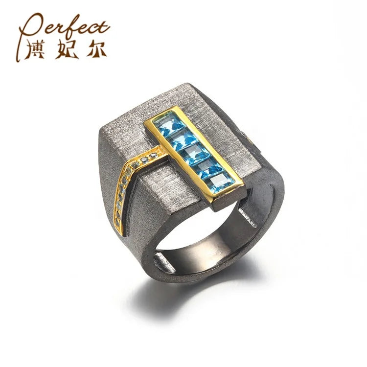 Simple Design Vintage Personality Rings,925 Sterling Silver Plated Gold Ring With Blue Topaz