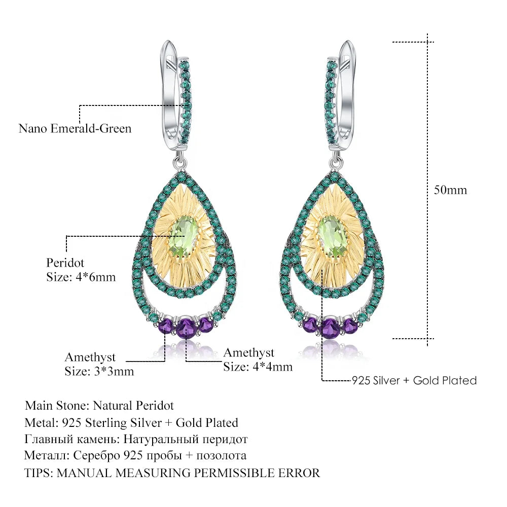 Abiding Hot Sale 925 Sterling Silver Jewelry Set Handmade Natural Peridot Ring Earring Sunflower Jewelry Set