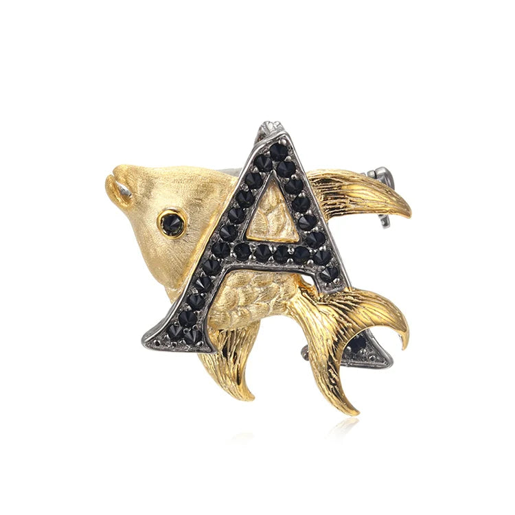 PERFECT Unique Design 925 Sterling Silver Fish Shape Gold Plated Black Spinel Classic Unisex Letter Pendant