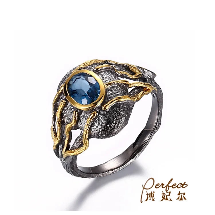 Vintage Custom Blue Topaz 925 Sterling Silver Ring With Bezel Set
