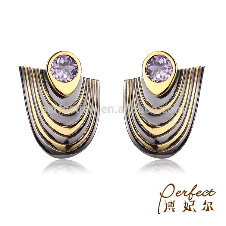 Boho Design Amethyst 925 Sterling Silver Stud Earrings Jewelry