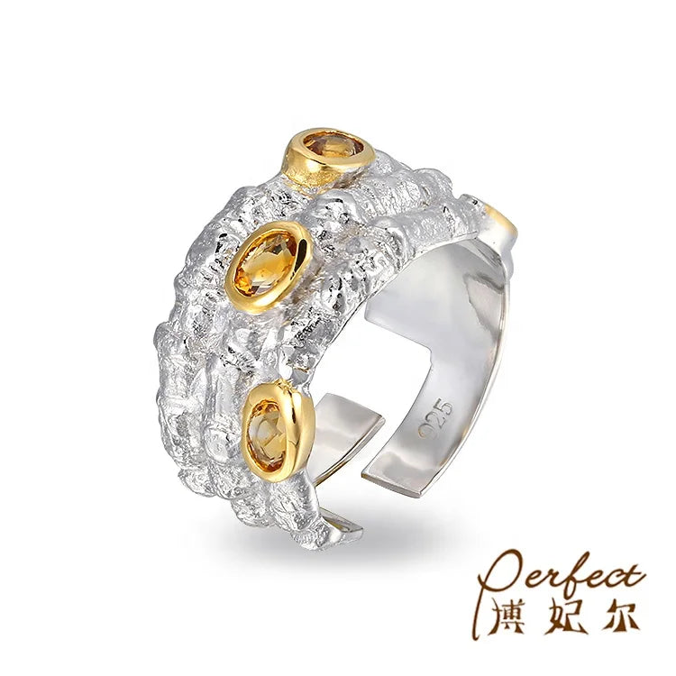 Trend Handmade Jewelry Citrine 925 Sterling Silver 18k White Gold Plated Ring for Women