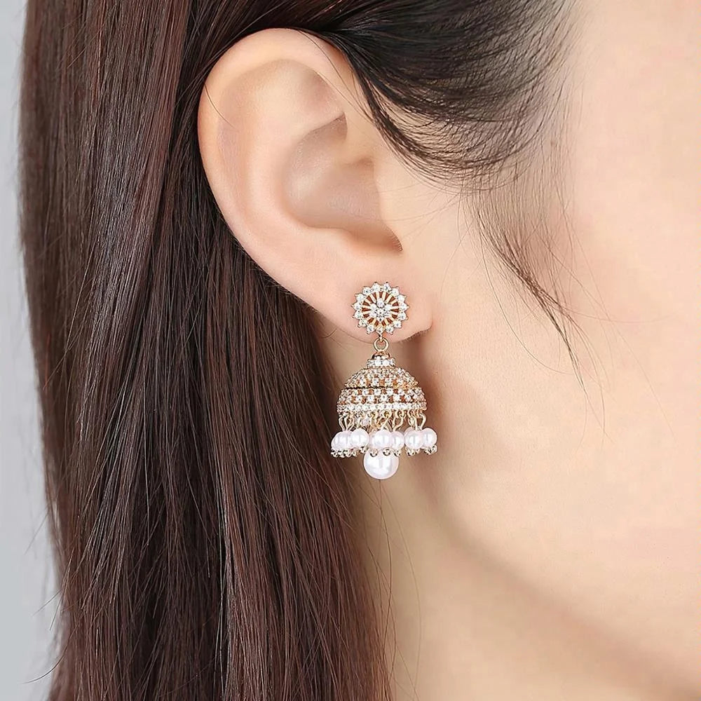 LUOTEEMI Traditional Ethnic Jewelry Jhumka Earrings New Designs Gold Tassel Jhumka Earrings India Jewelry