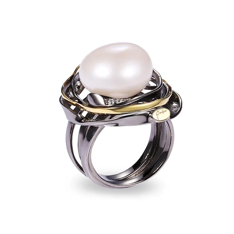 Freshwater Button Pearl 925 Sterling Silver Black Gold Plated Ring  for Women