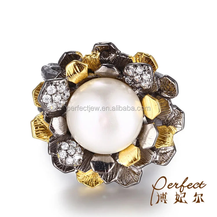 Thailand Flower Gold Plated 925 Sterling Silver Button Pearl Ring for Women