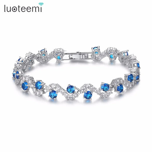 LUOTEEMI Charm Fancy Geometric Round Shape Blue CZ Crystal Bracelets With Clear Squared Shape Crystal Stone for Women Party Gift