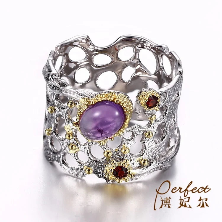 Fashion Hollow Design 925 Sterling Silver Rings with Amethyst Garnet Stone