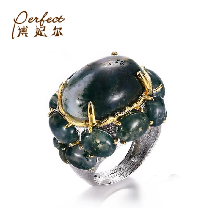 Retro Agate 925 Sterling Silver Handmade Ring with Gold Plated