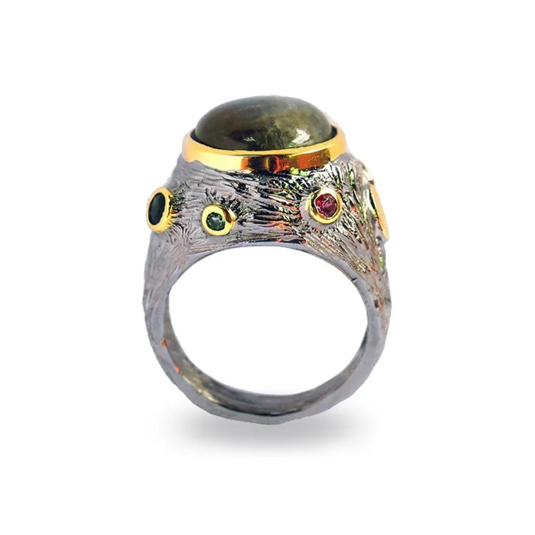 925 Sterling Silver Ring with Tourmaline Design Labradorite Stone Thailand CLASSIC Gemstone Rings