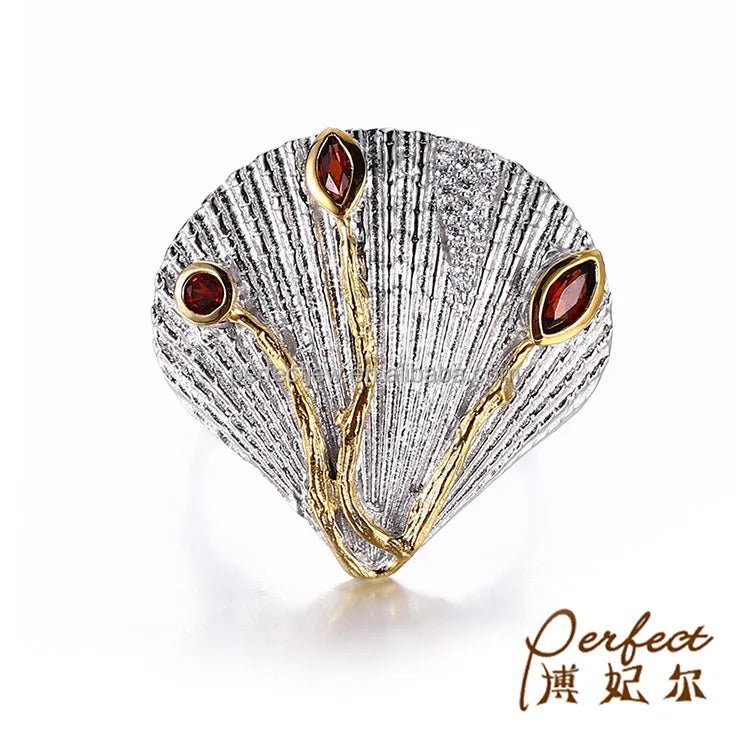 Shell Design Cute 925 Sterling Silver Jewelry Ring with Garnet Stone