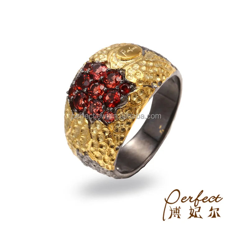 New Design Italy Style Garnet Stone 925 Sterling Silver Ring with Gold Plated
