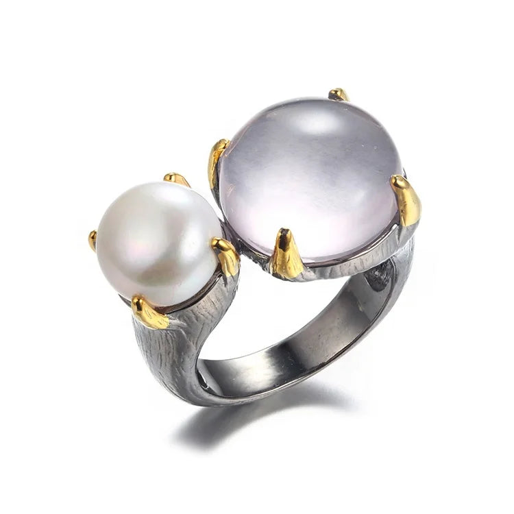 Jewelry Button Pearl Rose Quartz Handmade Ring Latest 925 Sterling Silver CLASSIC Gemstone Rings
