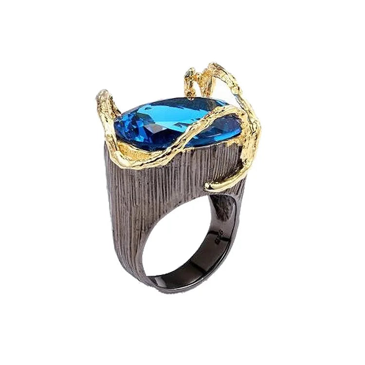 New Arrivals Saudi Arabia Ring Blue Grass 925 Sterling Silver Antique Ring with Gold Plated