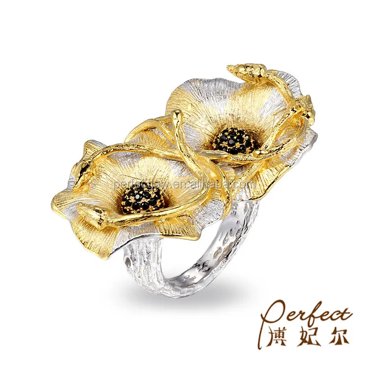 Flower Design 925 Sterling Silver Women Jewelry Ring with Yellow Gold Plated