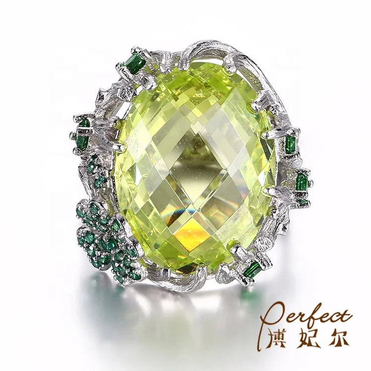 Handmade Fashion Olive Zircon 925 Sterling Silver Jewelry Rings with Bark Grain Design