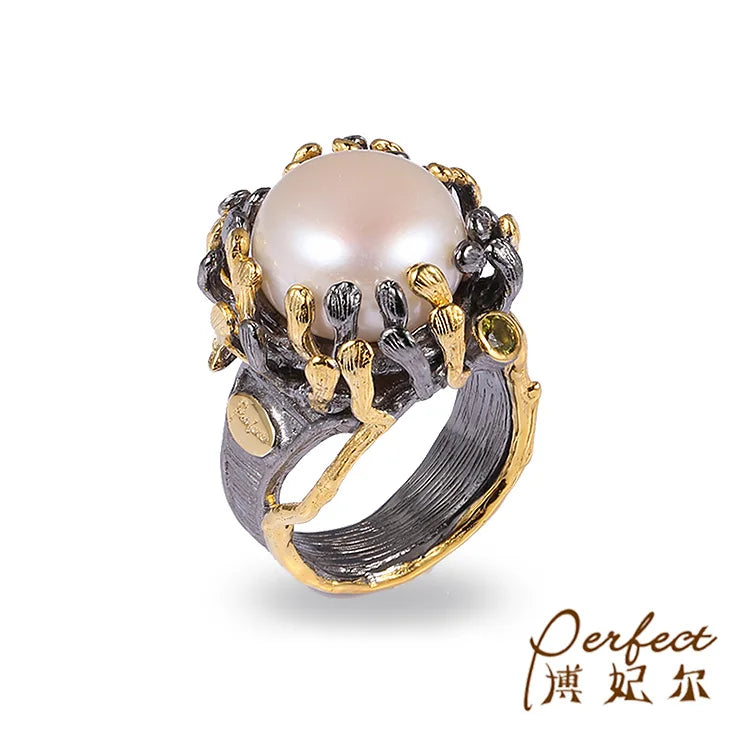 Natural Button Pearl Ring Design 2-tone Plating Silver Ring Jewelry