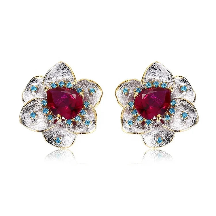 925 Sterling Silver Synthetic Red Corundum Stud Earrings Jewelry