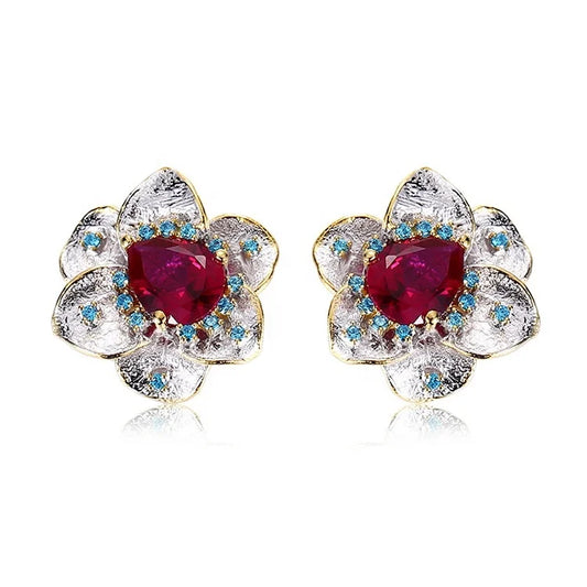 925 Sterling Silver Synthetic Red Corundum Stud Earrings Jewelry