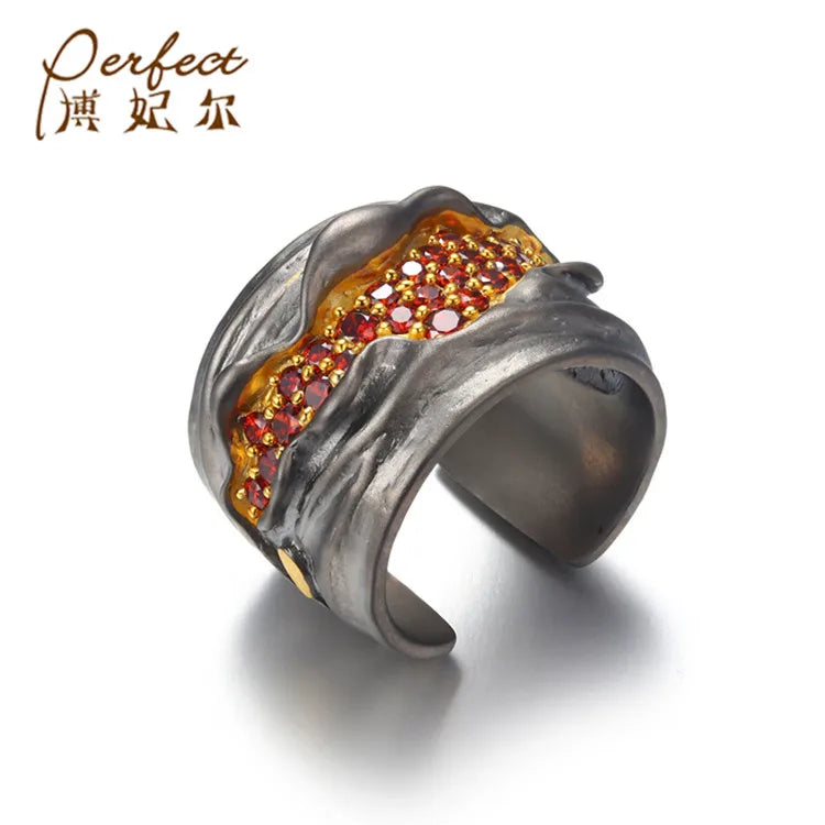 High Quality Adjustable Sterling Silver Spinner Ring,Men Ring Bezel Setting Red Zircon
