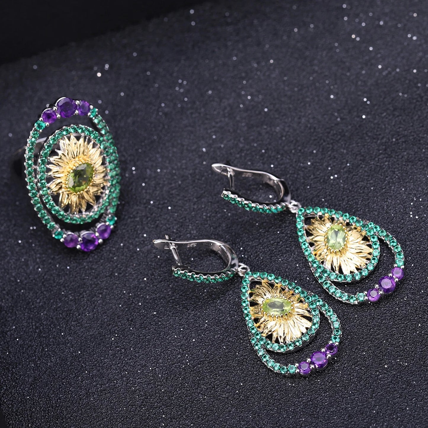 Abiding Hot Sale 925 Sterling Silver Jewelry Set Handmade Natural Peridot Ring Earring Sunflower Jewelry Set