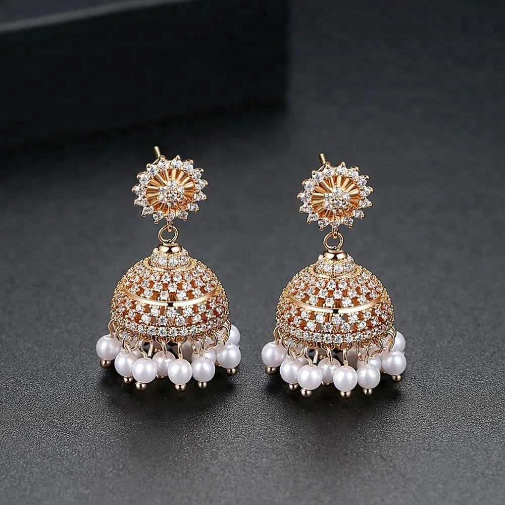 LUOTEEMI Traditional Ethnic Jewelry Jhumka Earrings New Designs Gold Tassel Jhumka Earrings India Jewelry