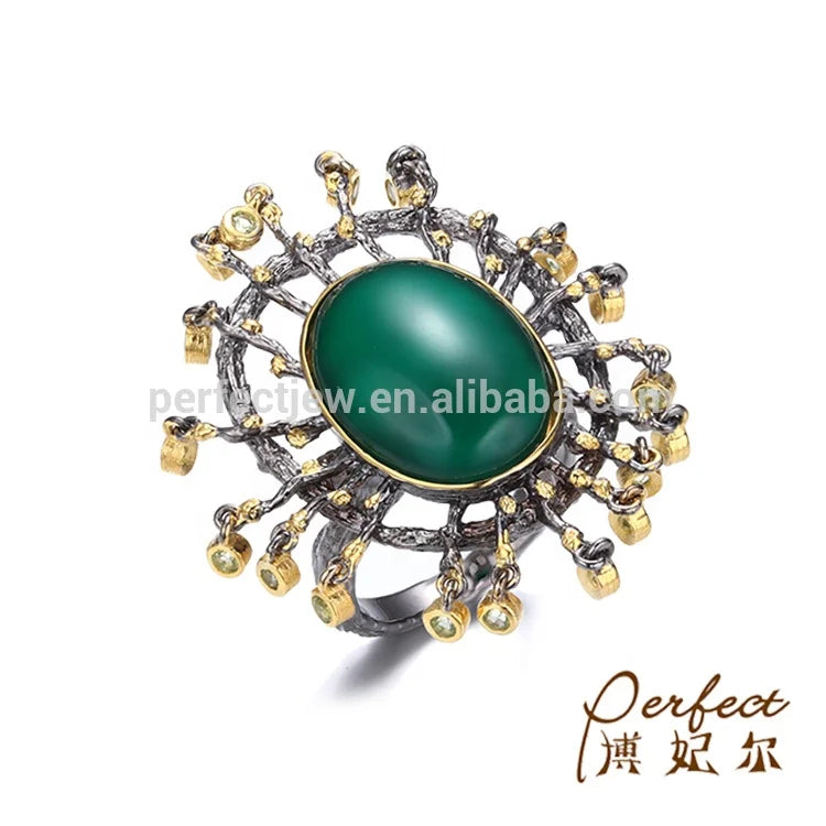 Green Agate 925 Sterling Silver Jewelry Ring with Peridot Stone for Women