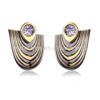 Boho Design Amethyst 925 Sterling Silver Stud Earrings Jewelry