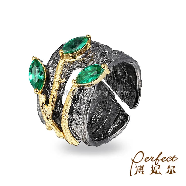 Fashion Handmade Leaf Design Black Gold Plated 925 Sterling Silver Long Ring