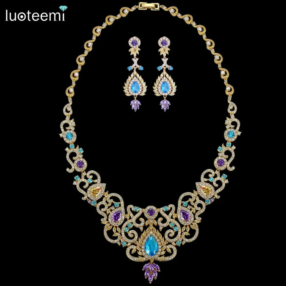 LUOTEEMI Luxury Design Multi Cubic Zircon White Rhodium Gold Plated Big Clear CZ Indian Bridal Jewelry Set