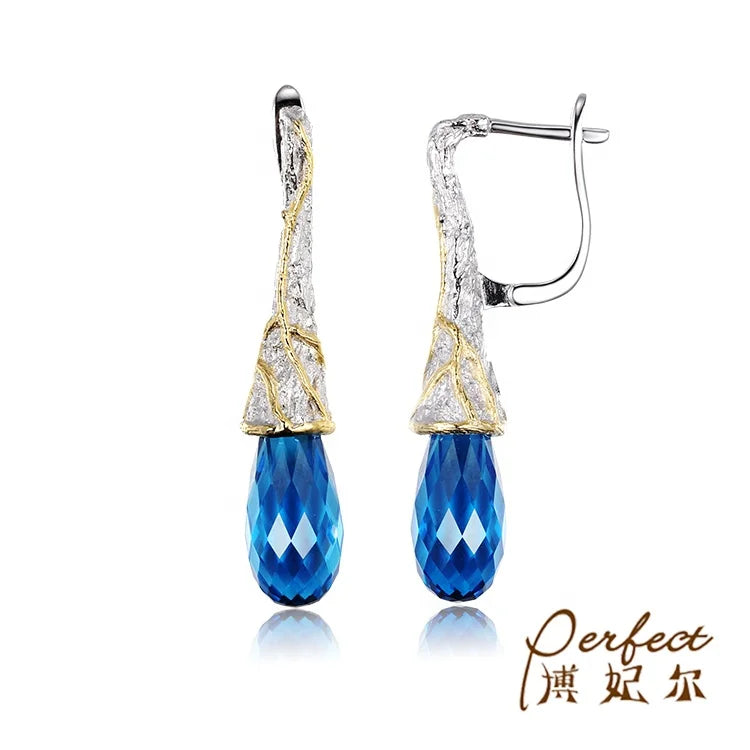 Inspired Design Thailand Blue Stone 925 Sterling Silver Teardrop Earrings
