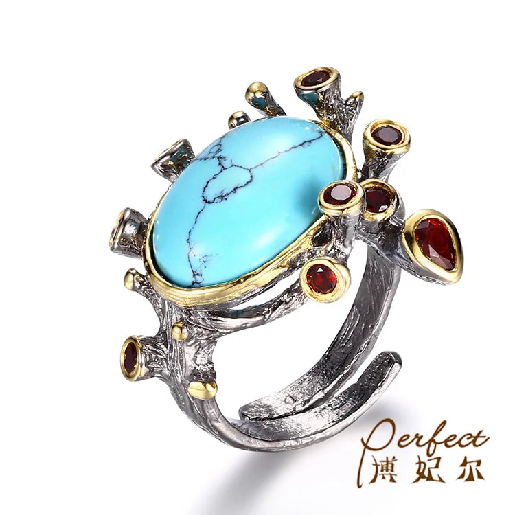 Handmade Gemstone Turquoise 925 Sterling Silver Adjustable Open Ring