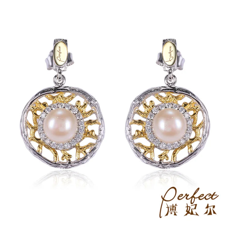 Round Dangle Freshwater Pearl 925 Sterling Silver Fashion With White Zircon Gold Plated Women's Pearl Earring