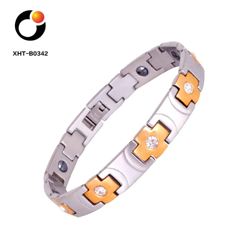 Popular Zircon Titanium Cross Stainless Steel Wholesale Medical Magnetic Energy Bracelet for Body Health