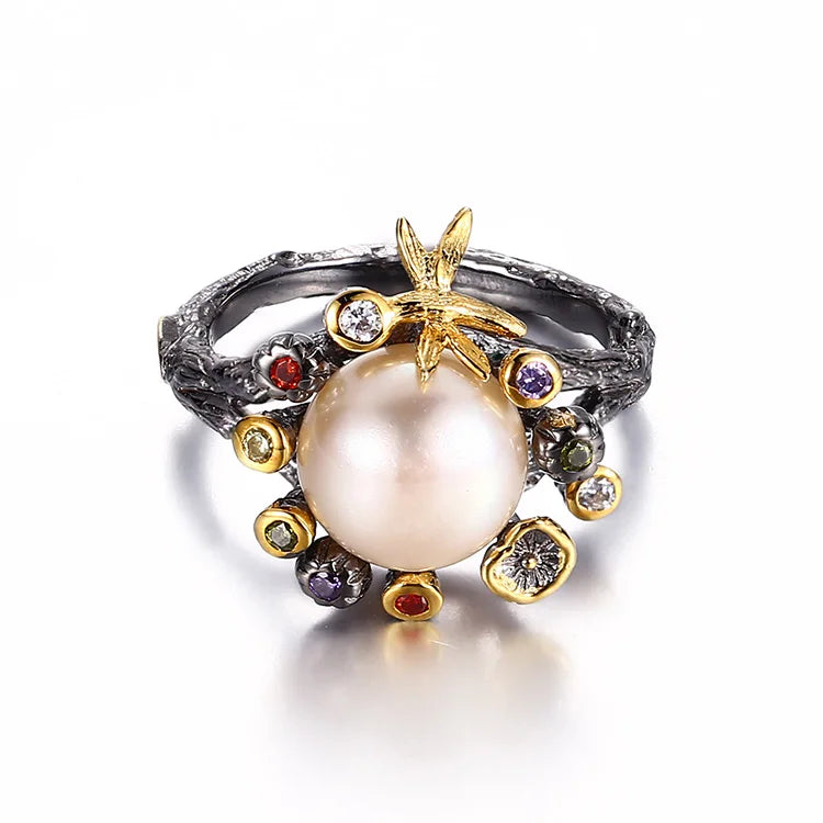 Flower Gold Plated Pink Button Pearl 925 Sterling Silver Jewelry Ring With Colourful Zircon