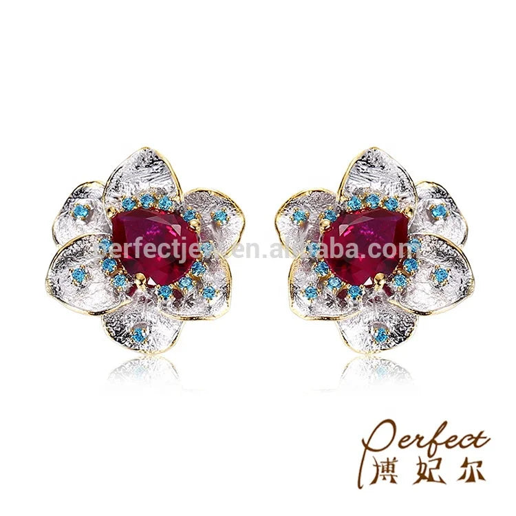 925 Sterling Silver Synthetic Red Corundum Stud Earrings Jewelry
