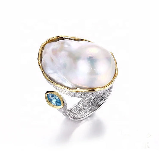 Original Exquisite and Beautiful Ladies White Freshwater Baroque Pearl Ring