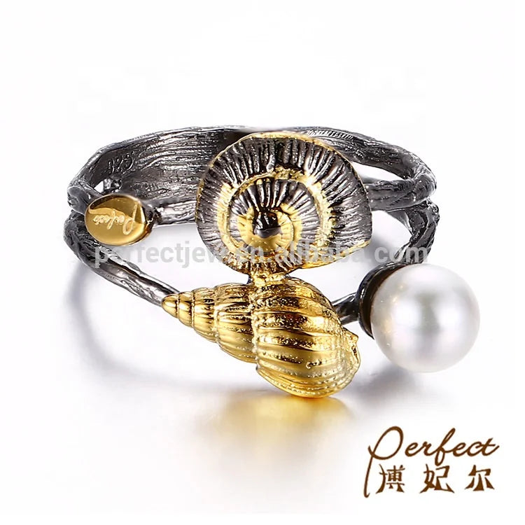 Fashion Snail Design Freshwater Pearl 925 Sterling Silver Ring