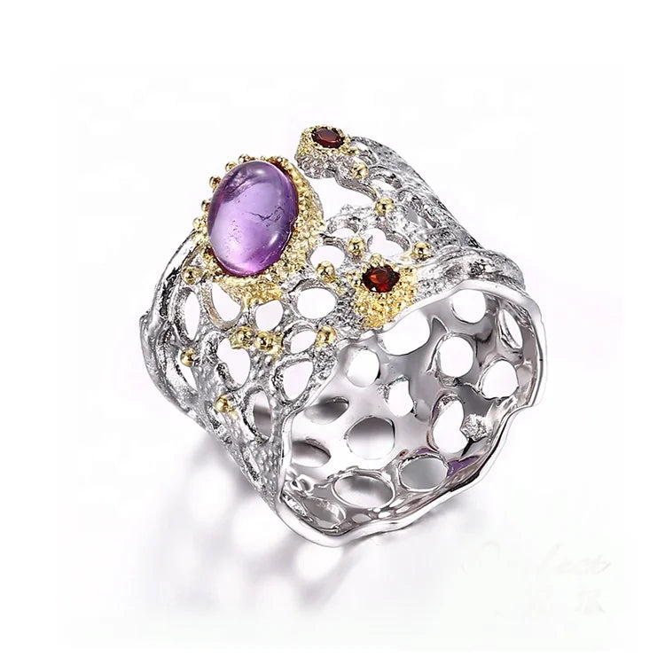 Fashion Hollow Design 925 Sterling Silver Rings with Amethyst Garnet Stone