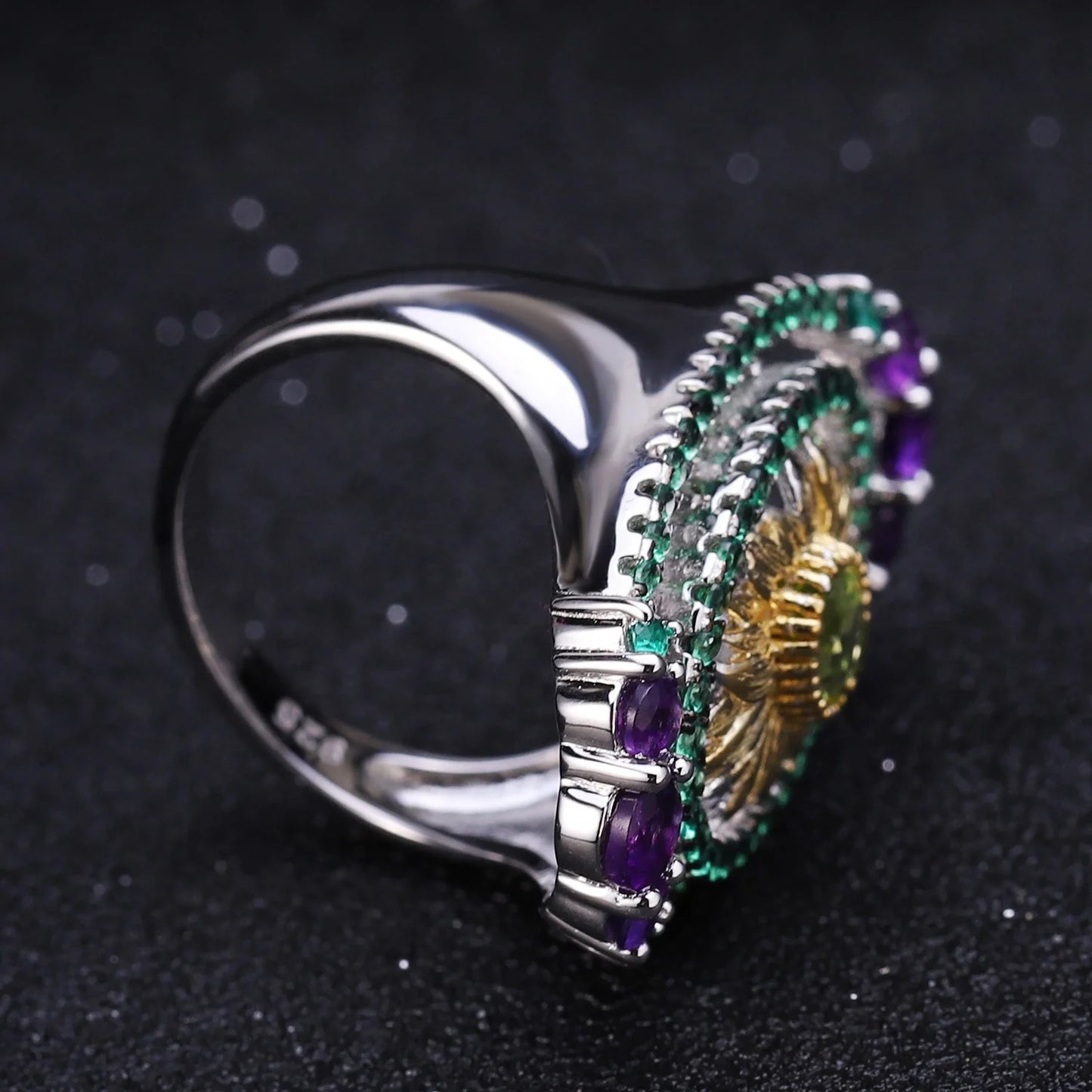 Abiding Hot Sale 925 Sterling Silver Jewelry Set Handmade Natural Peridot Ring Earring Sunflower Jewelry Set