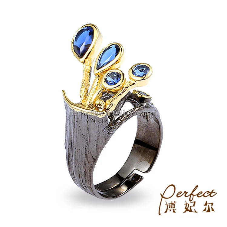 India Style Handmade Jewelry 925 Sterling Silver Ring with Gold Plated