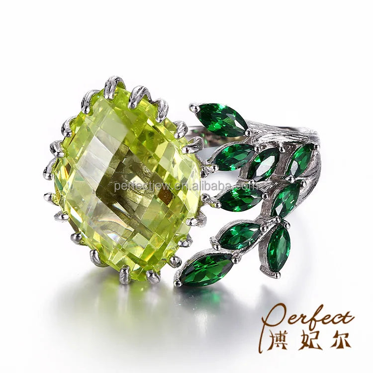 Flower Design 925 Sterling Silver Rings Jewelry with Green Zircon