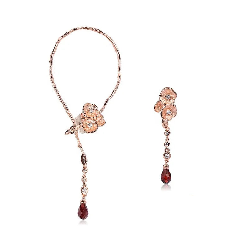 Italian Fashion Design Flower Shaped 925 Sterling Silver Rose Gold Plated Long Pendant Earrings Garnet for Wedding Gift Party