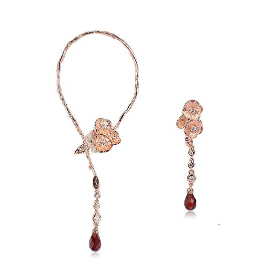 Italian Fashion Design Flower Shaped 925 Sterling Silver Rose Gold Plated Long Pendant Earrings Garnet for Wedding Gift Party