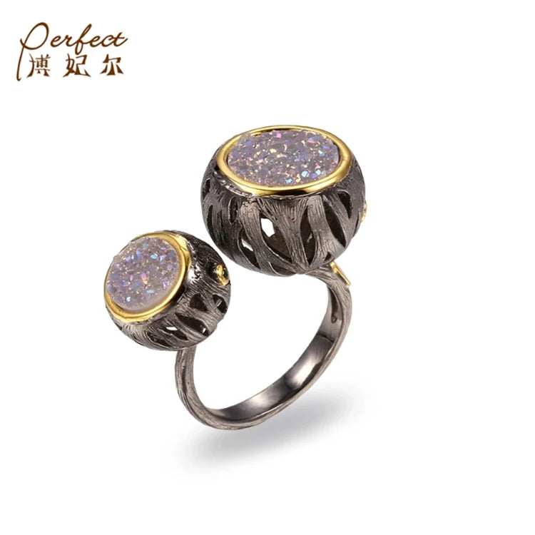 Special Drum Design Handmade 925 Sterling Silver Ring With Sand Quartz